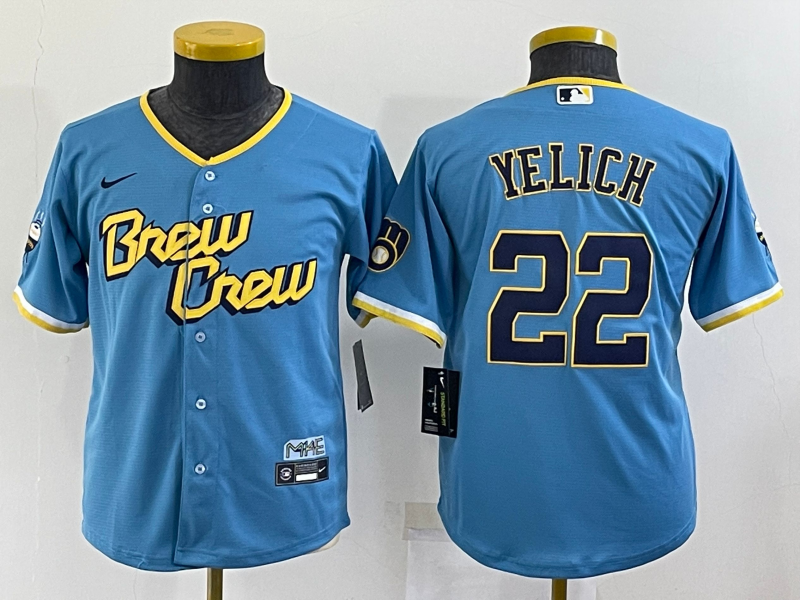 Kids Milwaukee Brewers Blue #22 YELICH MLB Jersey Kids Milwaukee Brewers Blue #22 YELICH MLB Jersey