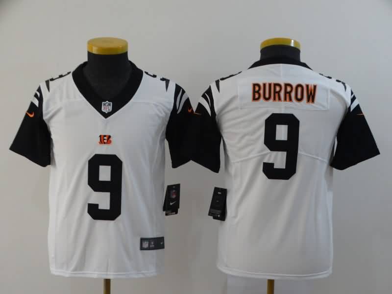 Kids Cincinnati Bengals White #9 BURROW NFL Jersey 02 Kids Cincinnati Bengals White #9 BURROW NFL Jersey 02