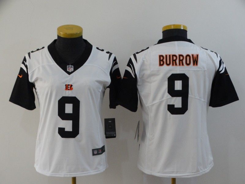 Cincinnati Bengals #9 BURROW White Women NFL Jersey 02 Cincinnati Bengals #9 BURROW White Women NFL Jersey 02