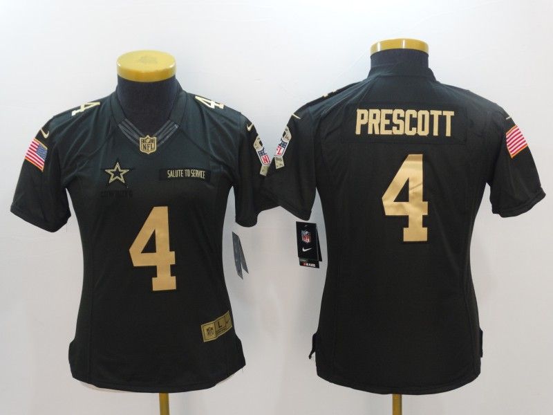 Dallas Cowboys #4 PRESCOTT Black Gold Salute To Service Women NFL Jersey 02 Dallas Cowboys #4 PRESCOTT Black Gold Salute To Service Women NFL Jersey 02