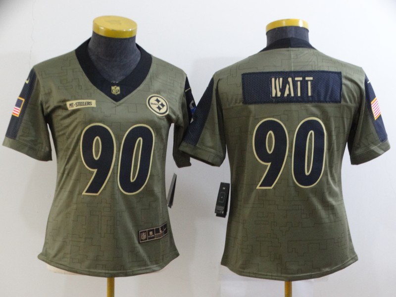 Pittsburgh Steelers #90 WATT Olive Salute To Service Women NFL Jersey 02 Pittsburgh Steelers #90 WATT Olive Salute To Service Women NFL Jersey 02
