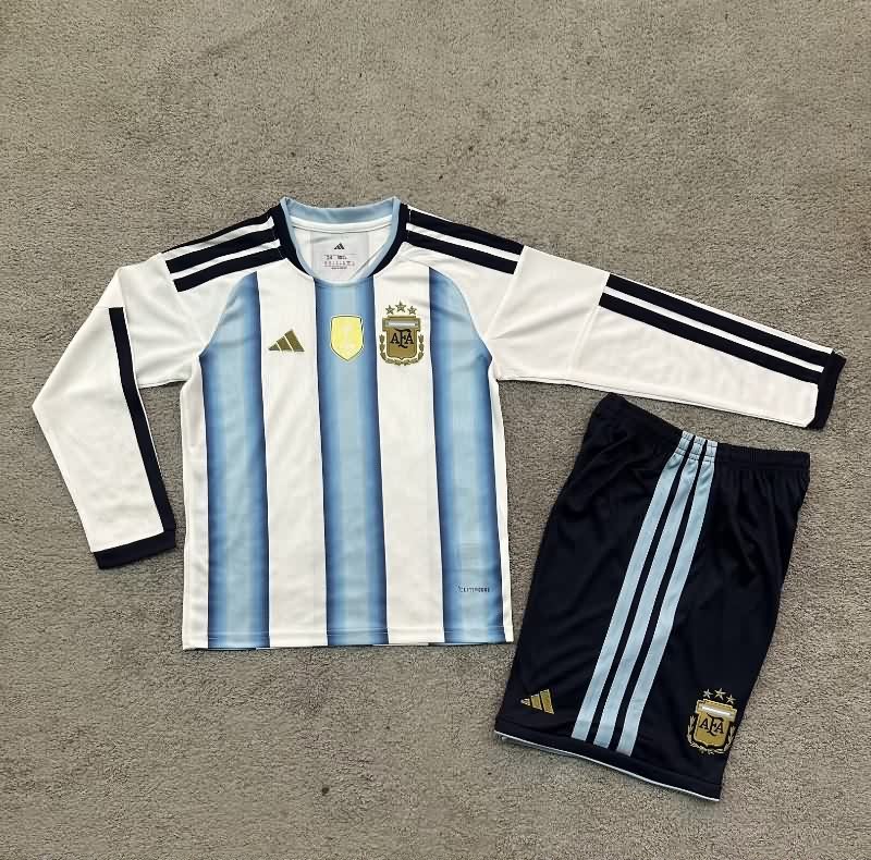 Kids Argentina 2026 World Cup Home Long Sleeve Soccer Jersey And Shorts Kids Argentina 2026 World Cup Home Long Sleeve Soccer Jersey And Shorts