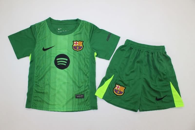 Kids Barcelona 25/26 Goalkeeper Green Soccer Jersey And Shorts