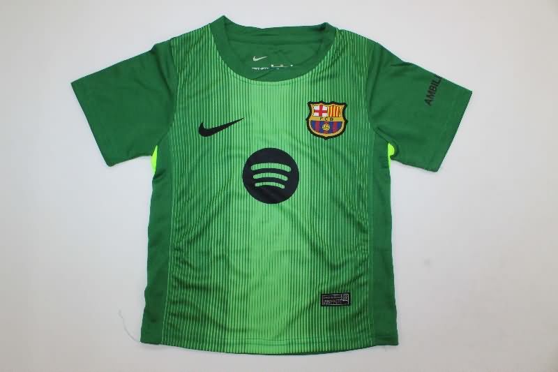 Kids Barcelona 25/26 Goalkeeper Green Soccer Jersey And Shorts