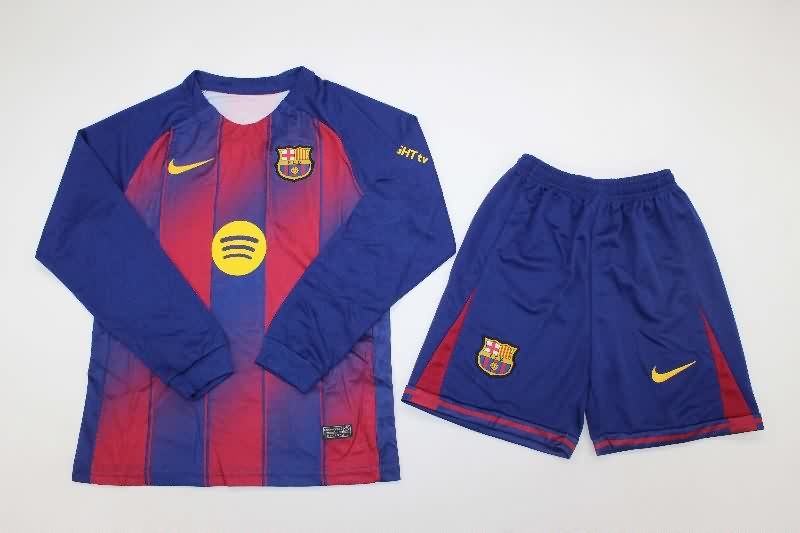 Kids Barcelona 25/26 Home Long Sleeve Soccer Jersey And Shorts