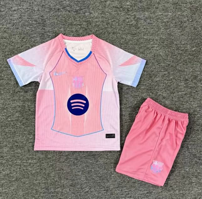 Kids Barcelona 25/26 Pink Soccer Jersey And Shorts 02