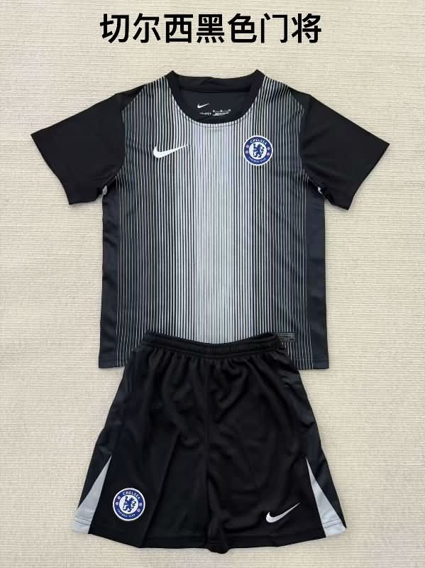 Kids Chelsea 25/26 Goalkeeper Black Soccer Jersey And Shorts
