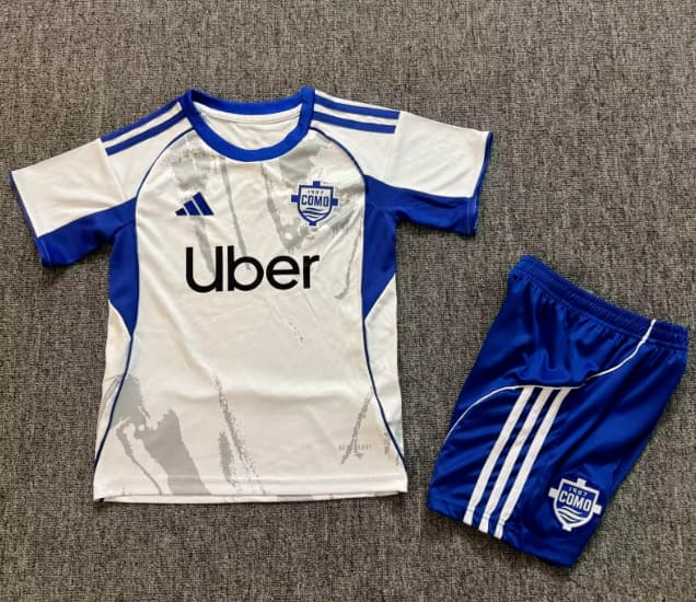 Kids Como 25/26 Away Soccer Jersey And Shorts