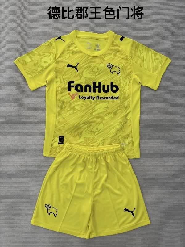 Kids Derby County 25/26 Goalkeeper Yellow Soccer Jersey And Shorts
