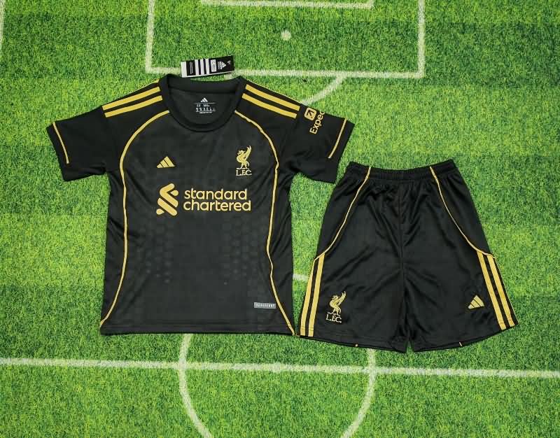 Kids Liverpool 25/26 Black Soccer Jersey And Shorts Leaked