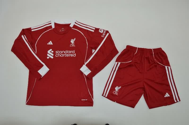 Kids Liverpool 25/26 Home Long Sleeve Soccer Jersey And Shorts