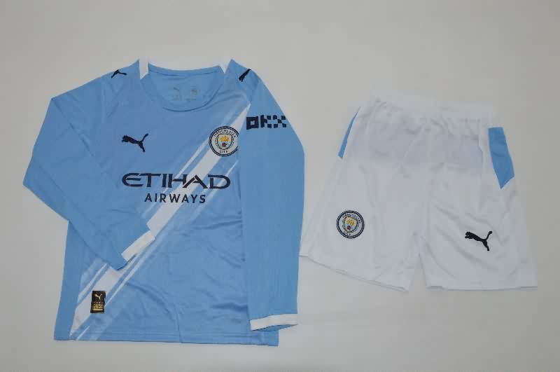 Kids Manchester City 25/26 Home Long Sleeve Soccer Jersey And Shorts