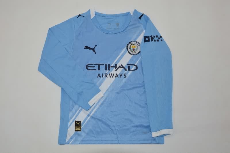 Kids Manchester City 25/26 Home Long Sleeve Soccer Jersey And Shorts