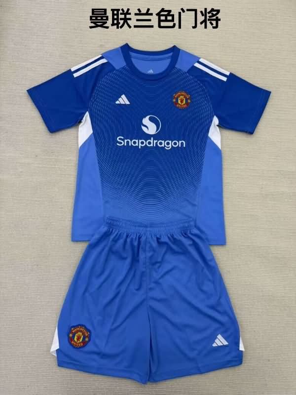 Kids Manchester United 25/26 Goalkeeper Blue Soccer Jersey And Shorts Leaked