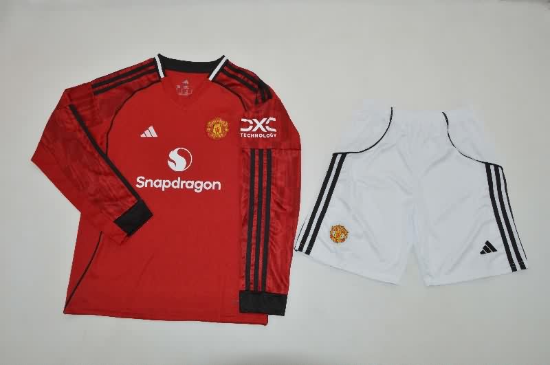Kids Manchester United 25/26 Home Long Sleeve Soccer Jersey And Shorts
