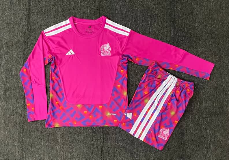 Kids Mexico 2026 Goalkeeper Pink Long Sleeve Soccer Jersey And Shorts