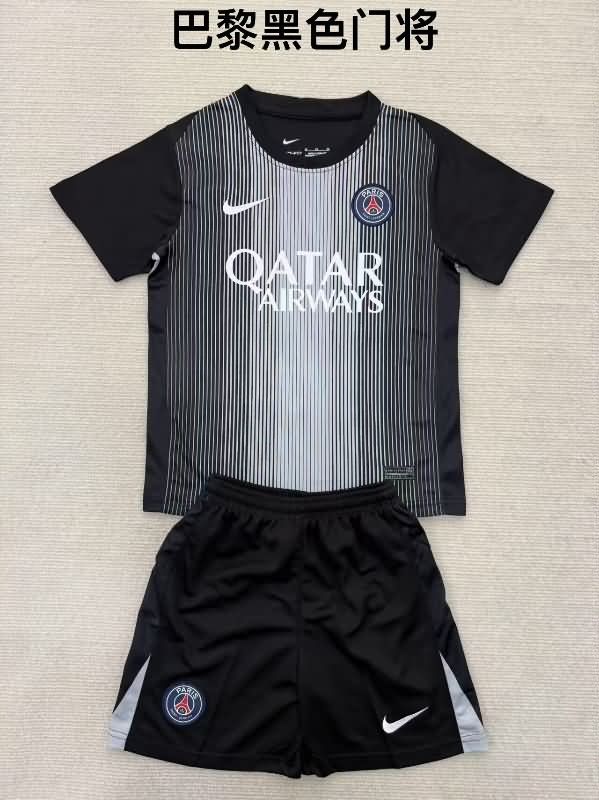 Kids Paris St German 25/26 Goaleeper Black Soccer Jersey And Shorts