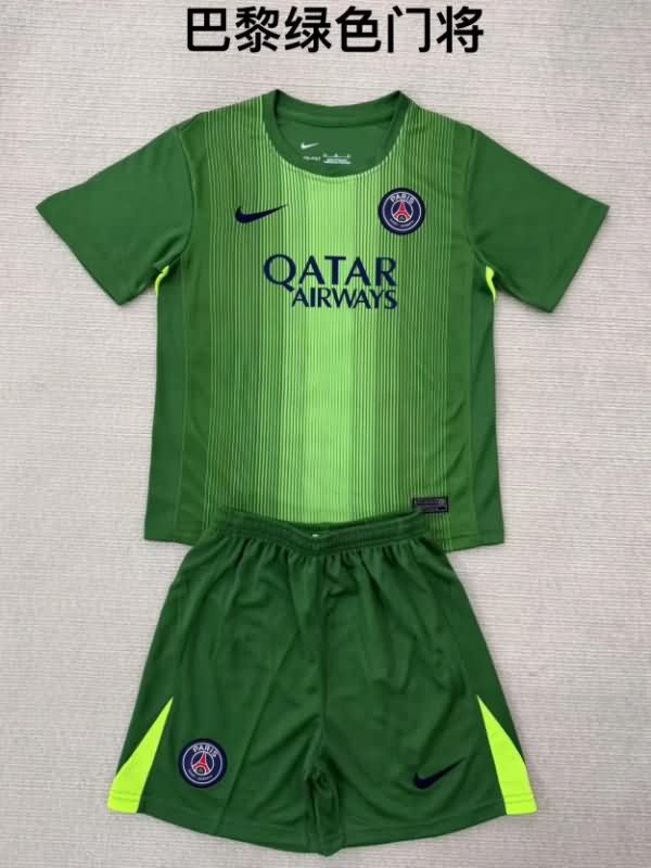 Kids Paris St German 25/26 Goaleeper Green Soccer Jersey And Shorts