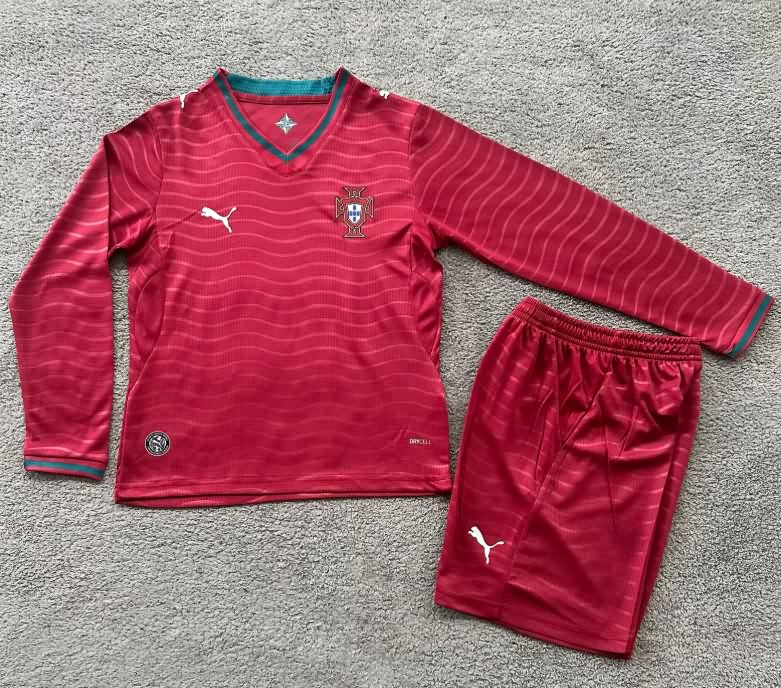 Kids Portugal 2026 World Cup Home Long Sleeve Soccer Jersey And Shorts Kids Portugal 2026 World Cup Home Long Sleeve Soccer Jersey And Shorts