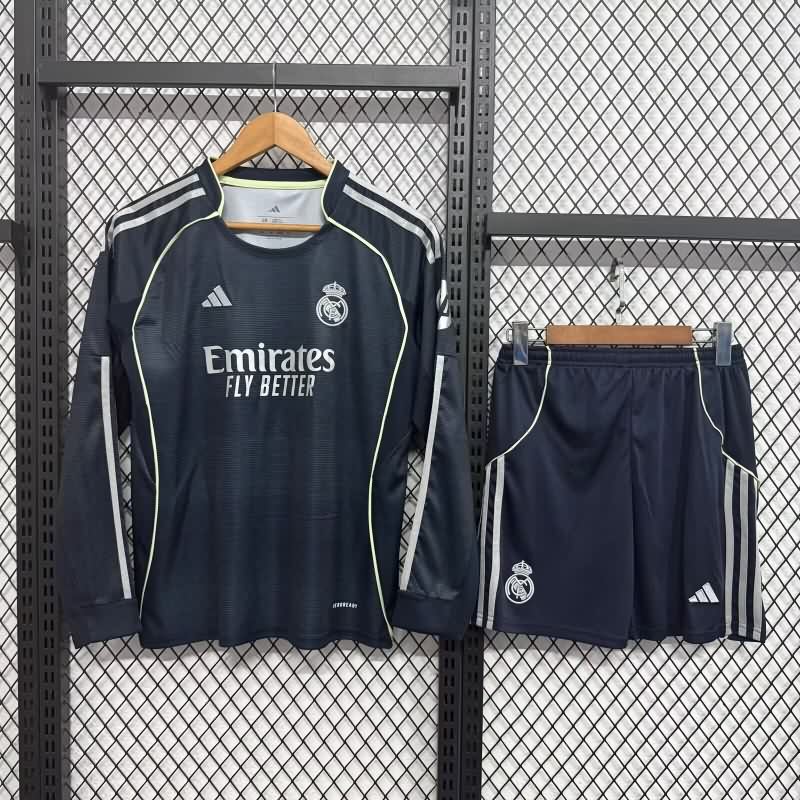 Kids Real Madrid 25/26 Away Long Sleeve Soccer Jersey And Shorts
