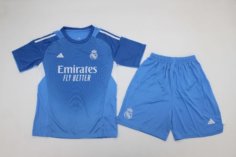 Kids Real Madrid 25/26 Goalkeeper Blue Soccer Jersey And Shorts Leaked