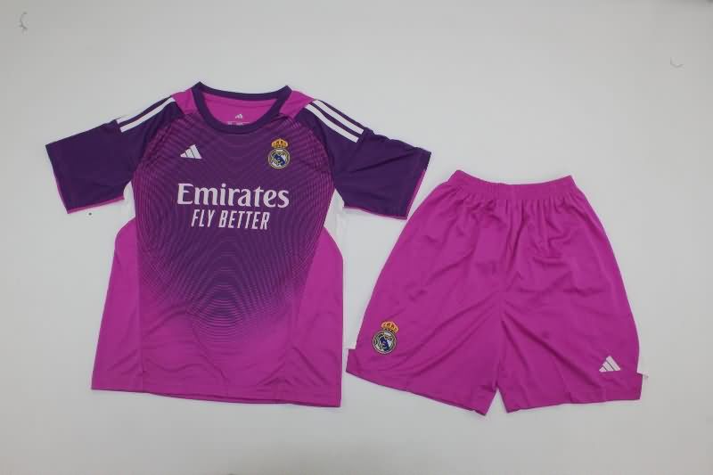 Kids Real Madrid 25/26 Goalkeeper Purple Soccer Jersey And Shorts Leaked