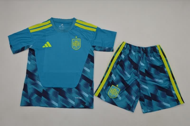 Kids Spain 2026 Goalkeeper Blue Soccer Jersey And Shorts