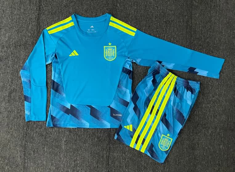 Kids Spain 2026 Goalkeeper Blue Long Sleeve Soccer Jersey And Shorts