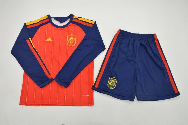 Kids Spain 2026 World Cup Home Long Sleeve Soccer Jersey And Shorts Kids Spain 2026 World Cup Home Long Sleeve Soccer Jersey And Shorts
