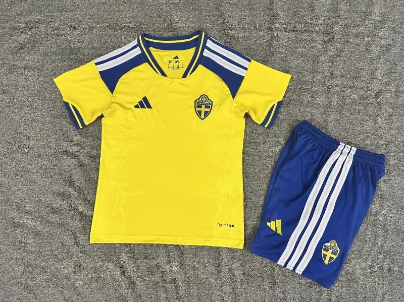 Kids Sweden 2026 Home Soccer Jersey And Shorts