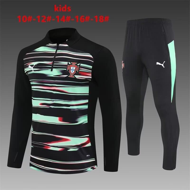 Kids AAA Quality Portugal 2025 Black Green Soccer Tracksuit