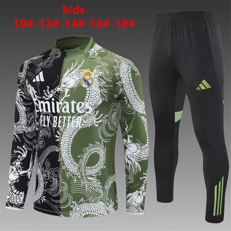 Kids AAA Quality Real Madrid 25/26 Black Green Soccer Tracksuit