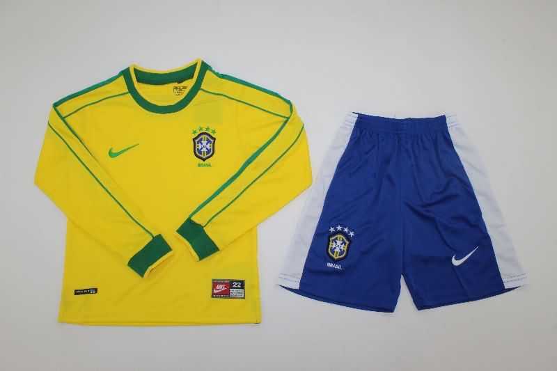 Kids Brazil 1998 Home Long Sleeve Soccer Jersey And Shorts
