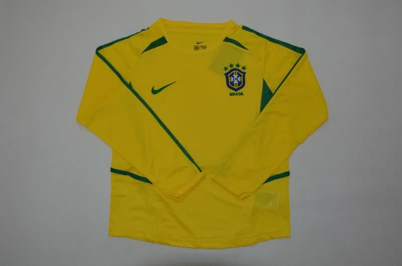 Kids Brazil 2002 Home Long Sleeve Soccer Jersey And Shorts